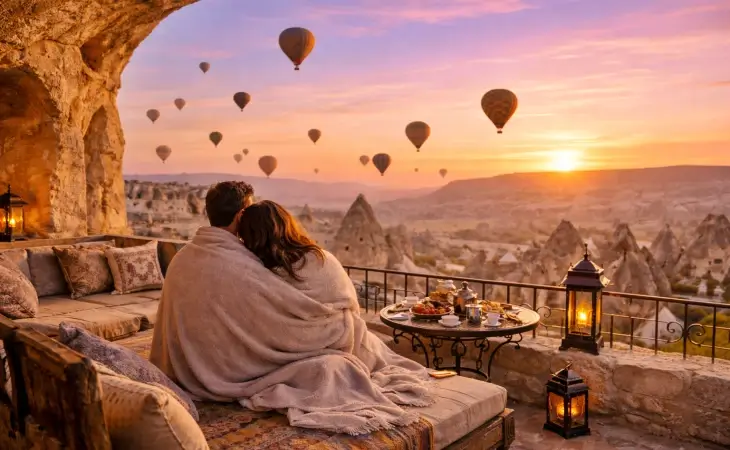 Kapadokya’da gün doğumunda balon manzaralı terasta romantik balayı çifti